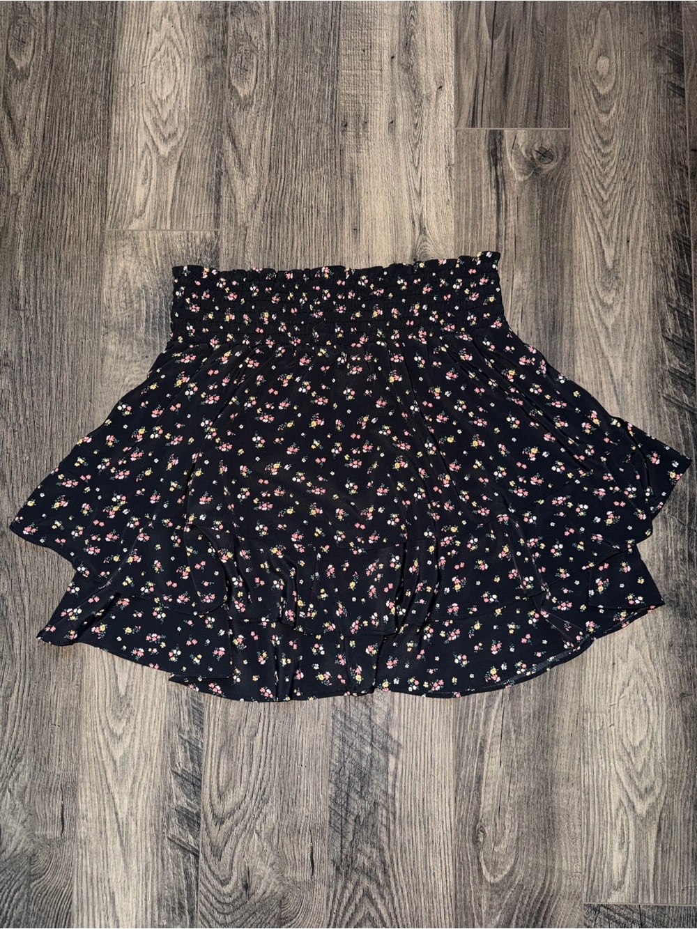 Socialite Black Floral Smocked Waist Skater Skirt